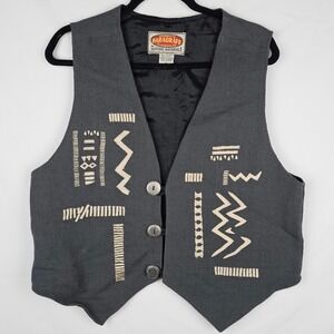 PARAGRAFF Clothing Co Vest Mens‎ Black Tan Geometric Embroidered Button Front L
